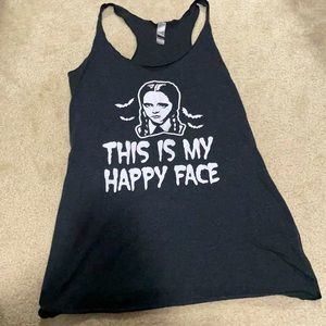 Wednesday Addams flowy tank top from Addams family says “this is my happy face”